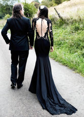 Lauren | Elegant Black Mermaid Lace Wedding Dress with Long Sleeves and Open Back - Black - PromDressClub